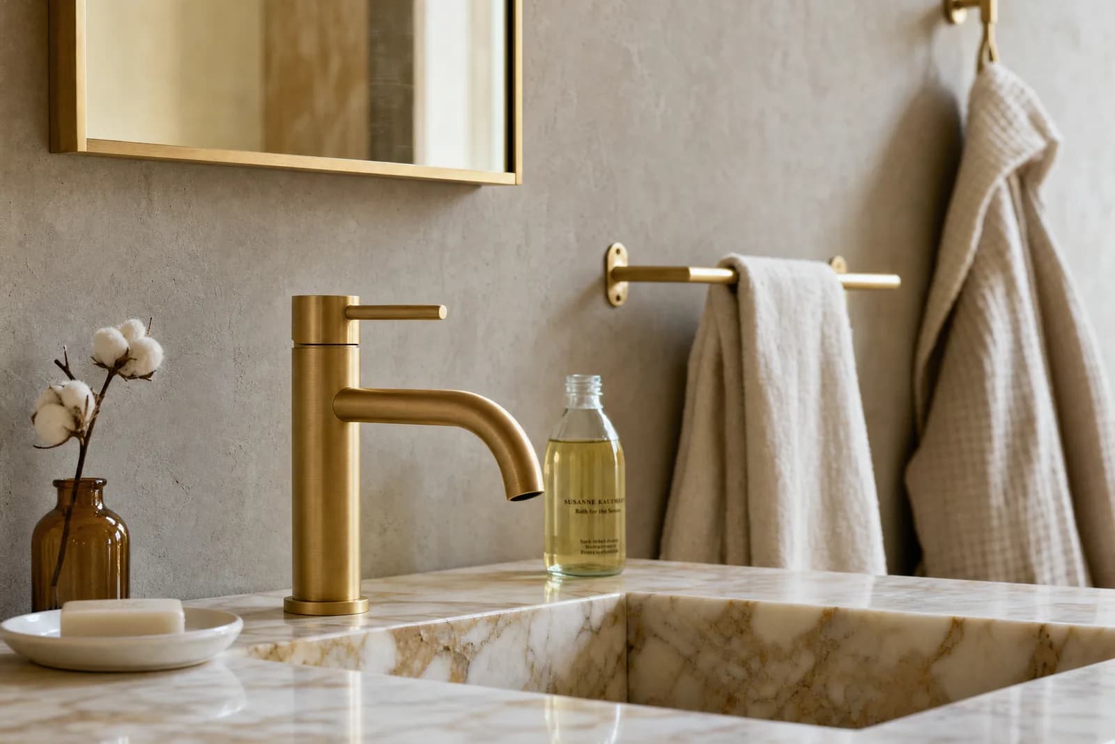 A brushed gold basin mixer and matching hand shower in a warm stone ensuite