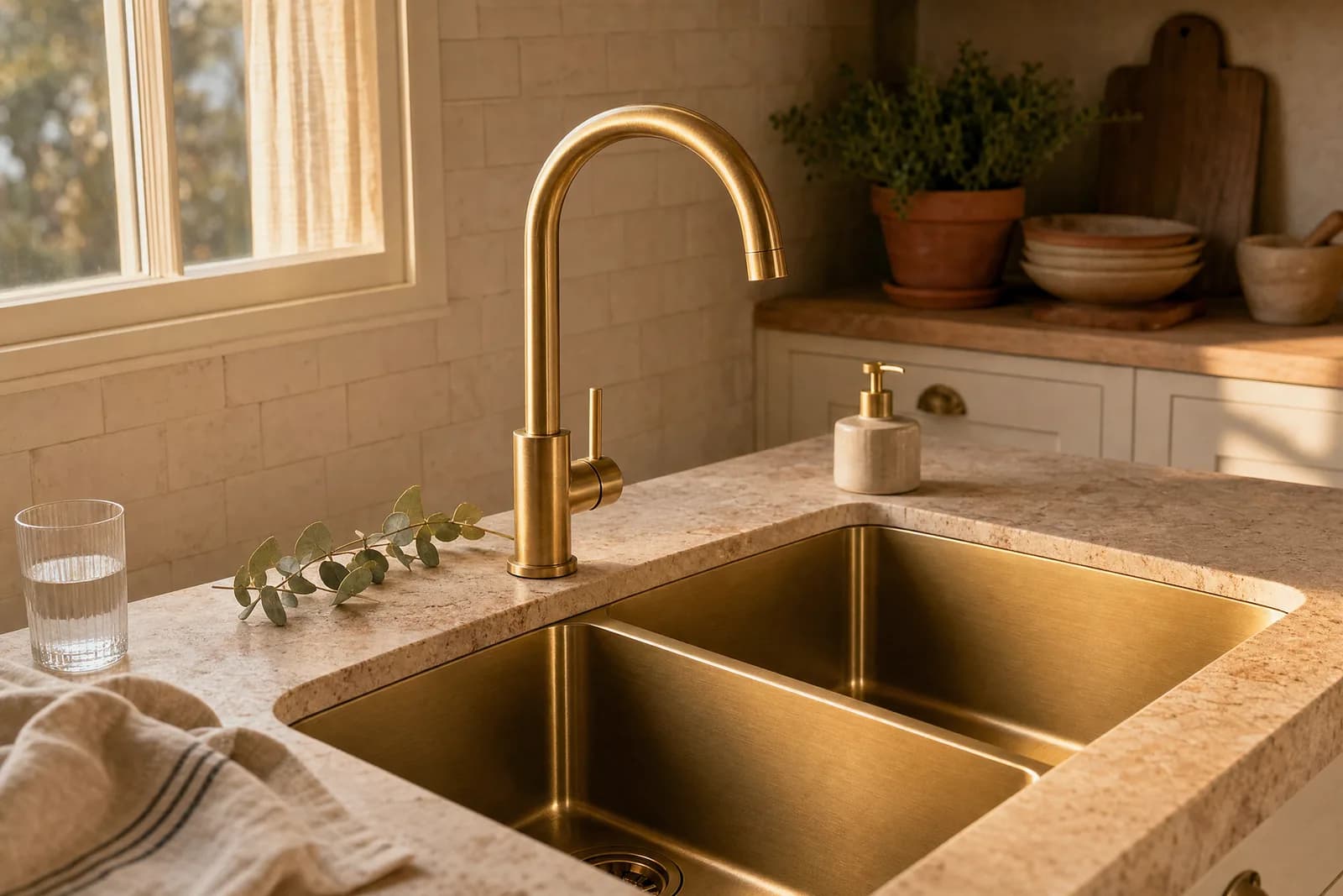A brushed gold gooseneck kitchen mixer over a stone benchtop in a warm farmhouse kitchen