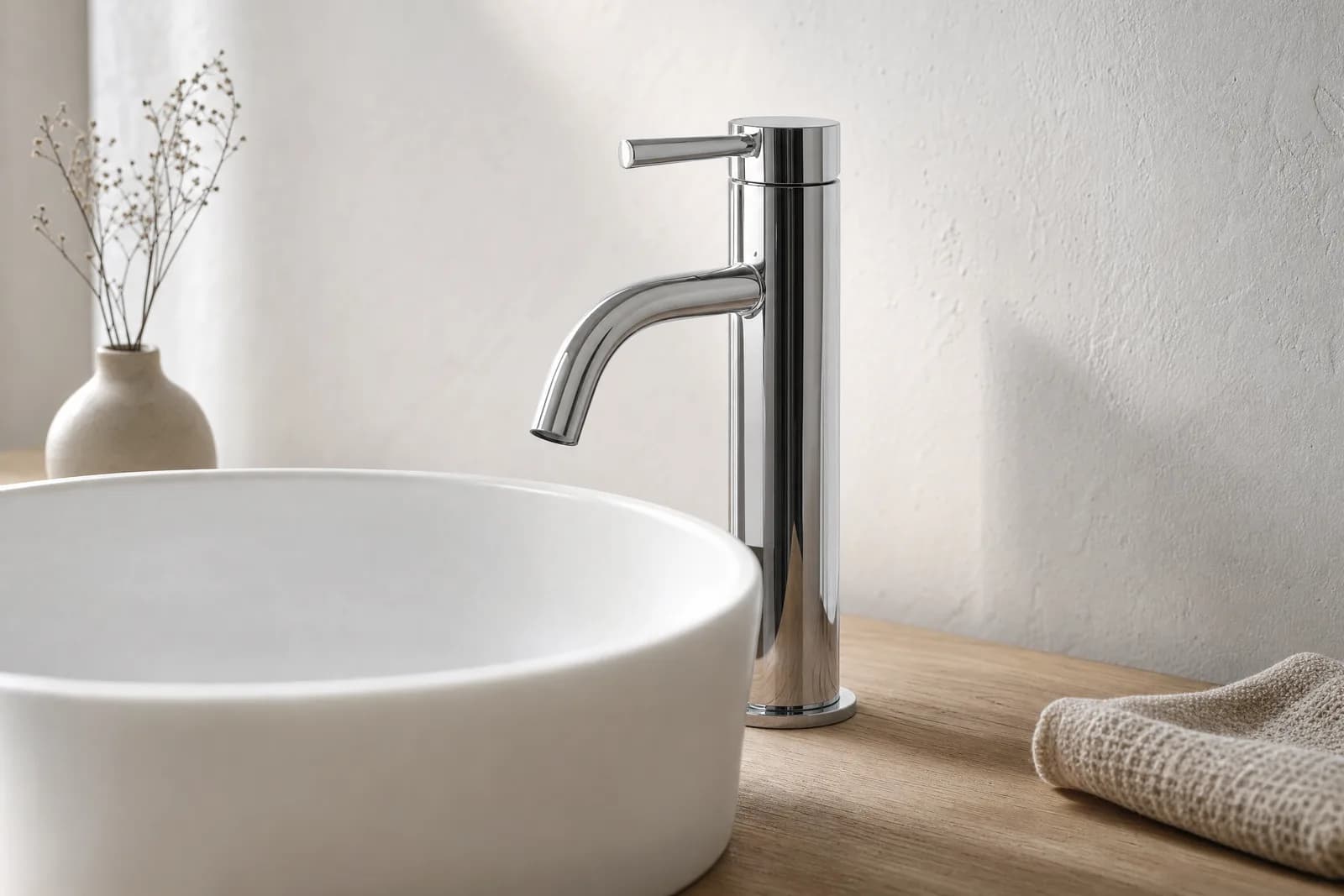 A chrome basin mixer on a timber vanity in a minimalist bathroom