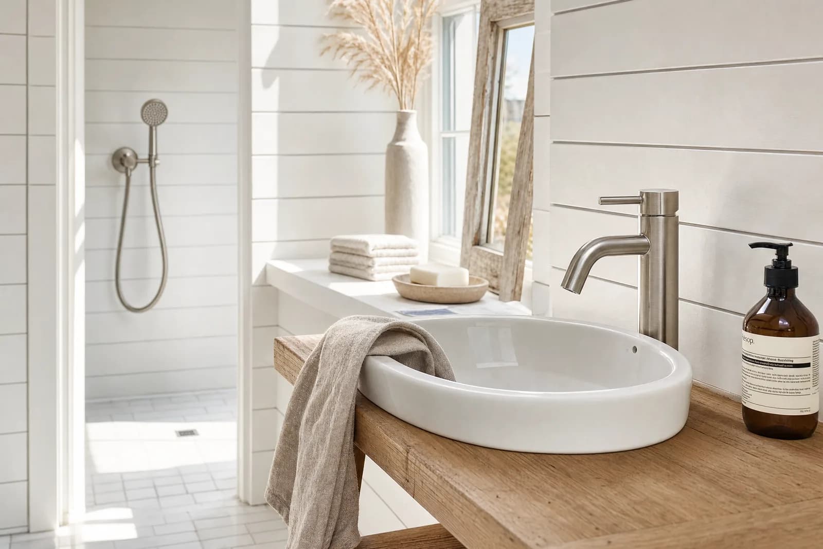 A brushed nickel tall basin mixer beside an oval above-counter basin