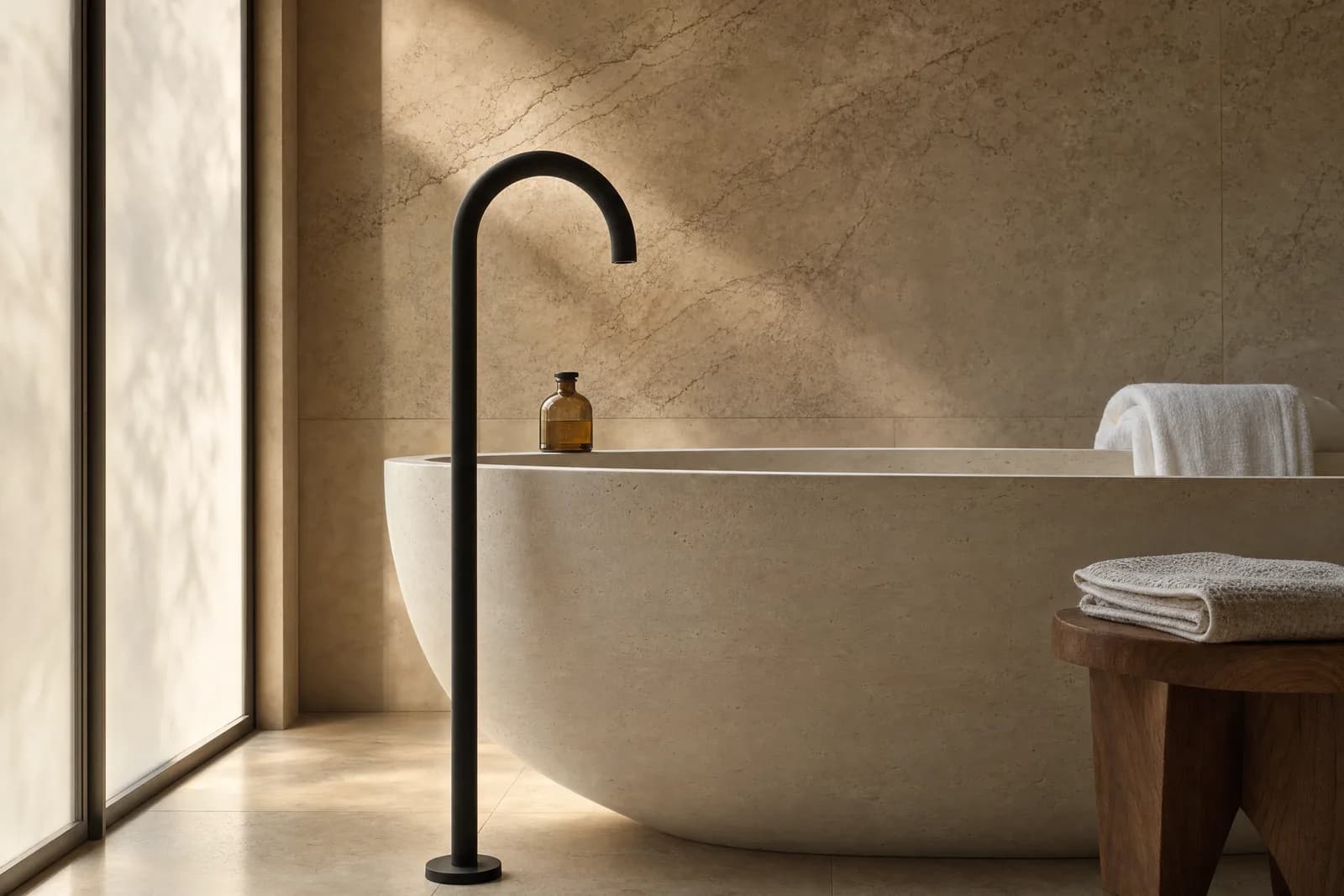A matte black freestanding bath spout against a warm stone bathroom wall