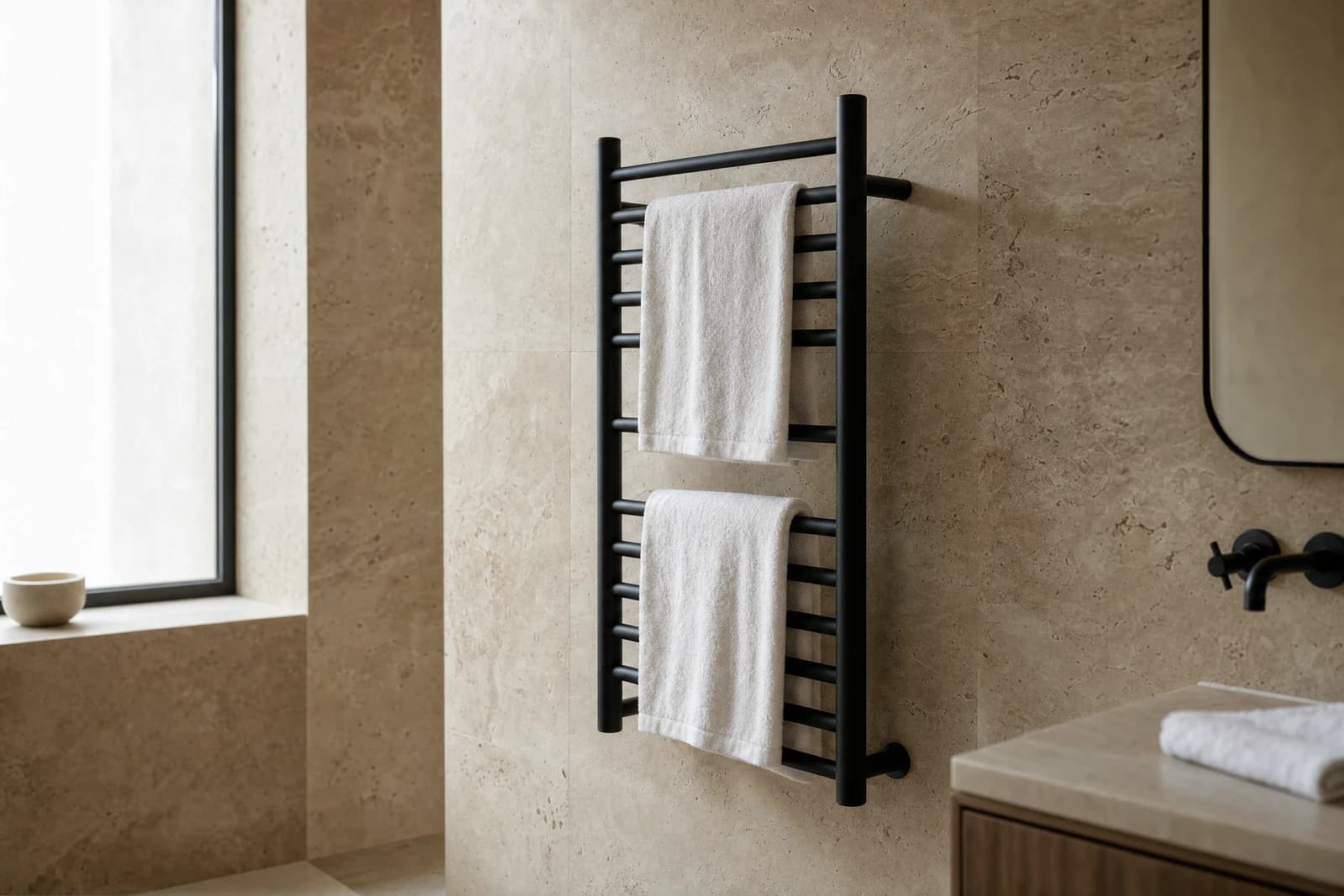 A matte black heated ladder towel rail on a stone bathroom wall with folded white towels