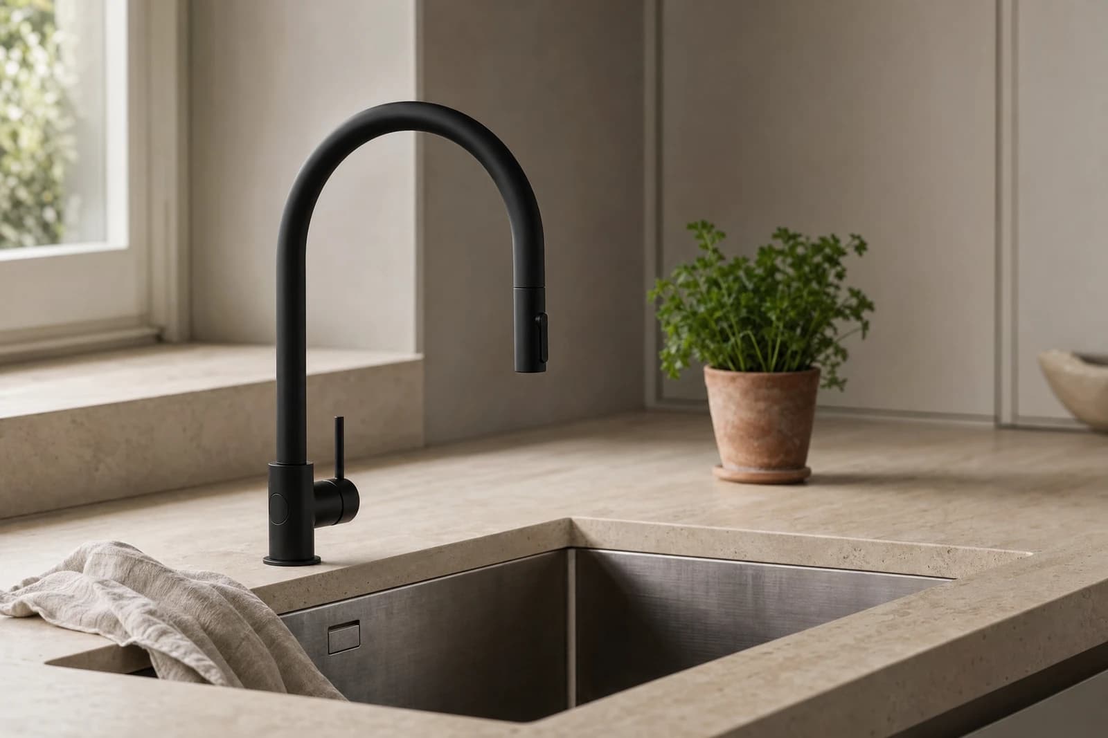 A matte black pull-down kitchen mixer over a stainless steel sink set into a warm stone benchtop
